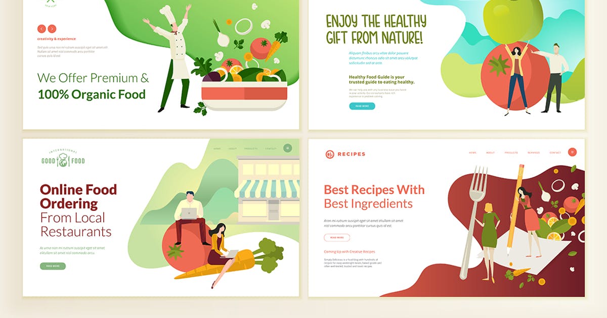 美食饮料主题网站设计概念插画素材 Web Page Design Templates for Food and Drink插图