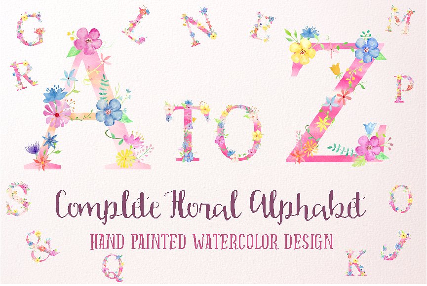 粉色少女心花卉字母合集（A到Z）Pink Floral Alphabet A to Z插图