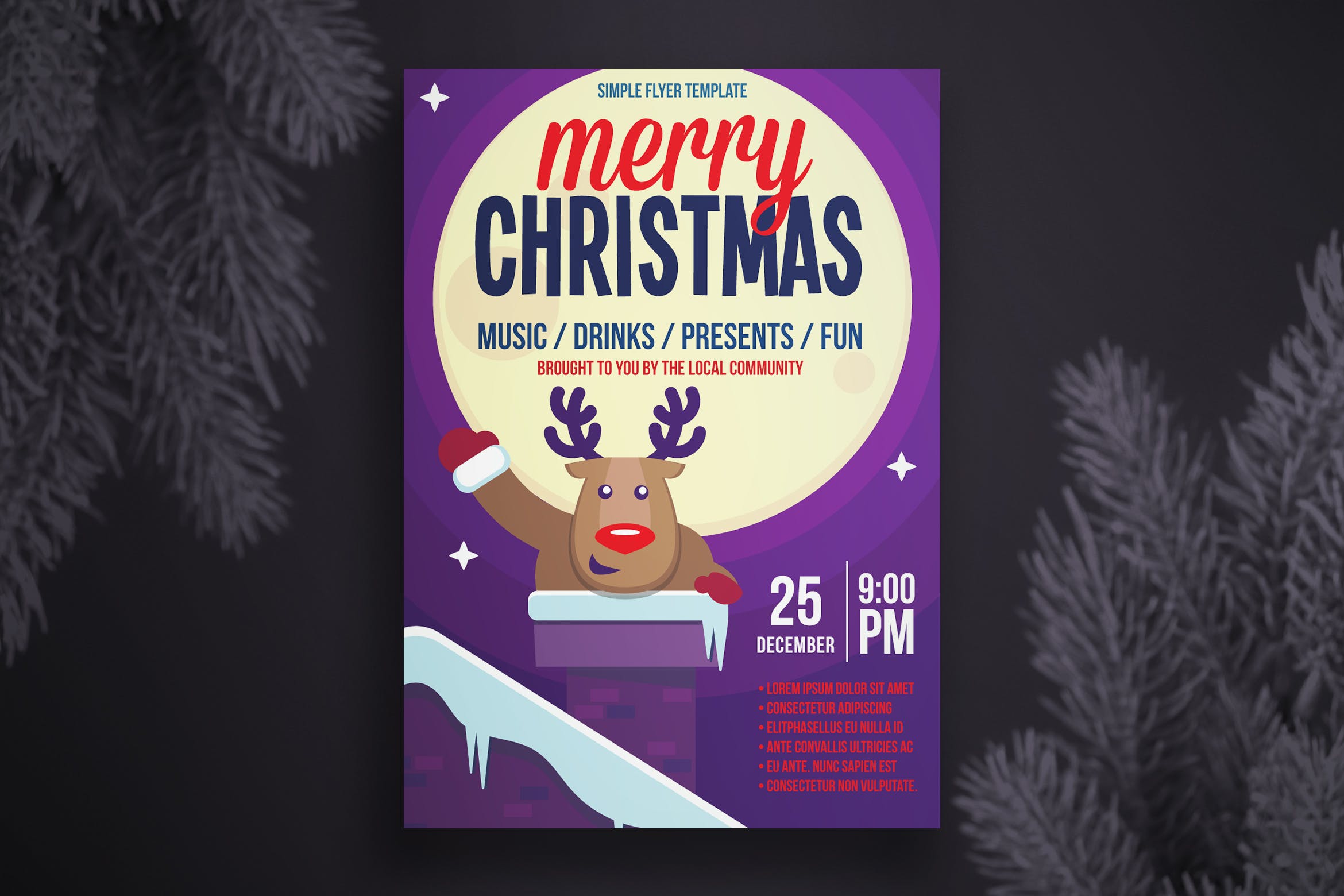 烟囱里的麋鹿圣诞节海报传单设计模板 Christmas flyer template插图