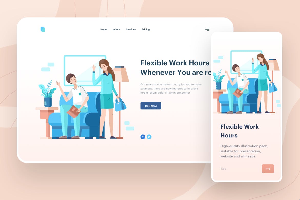 弹性工作时间主题APP&Web矢量插画 Flexible Work Hours Illustration – Website Header插图1
