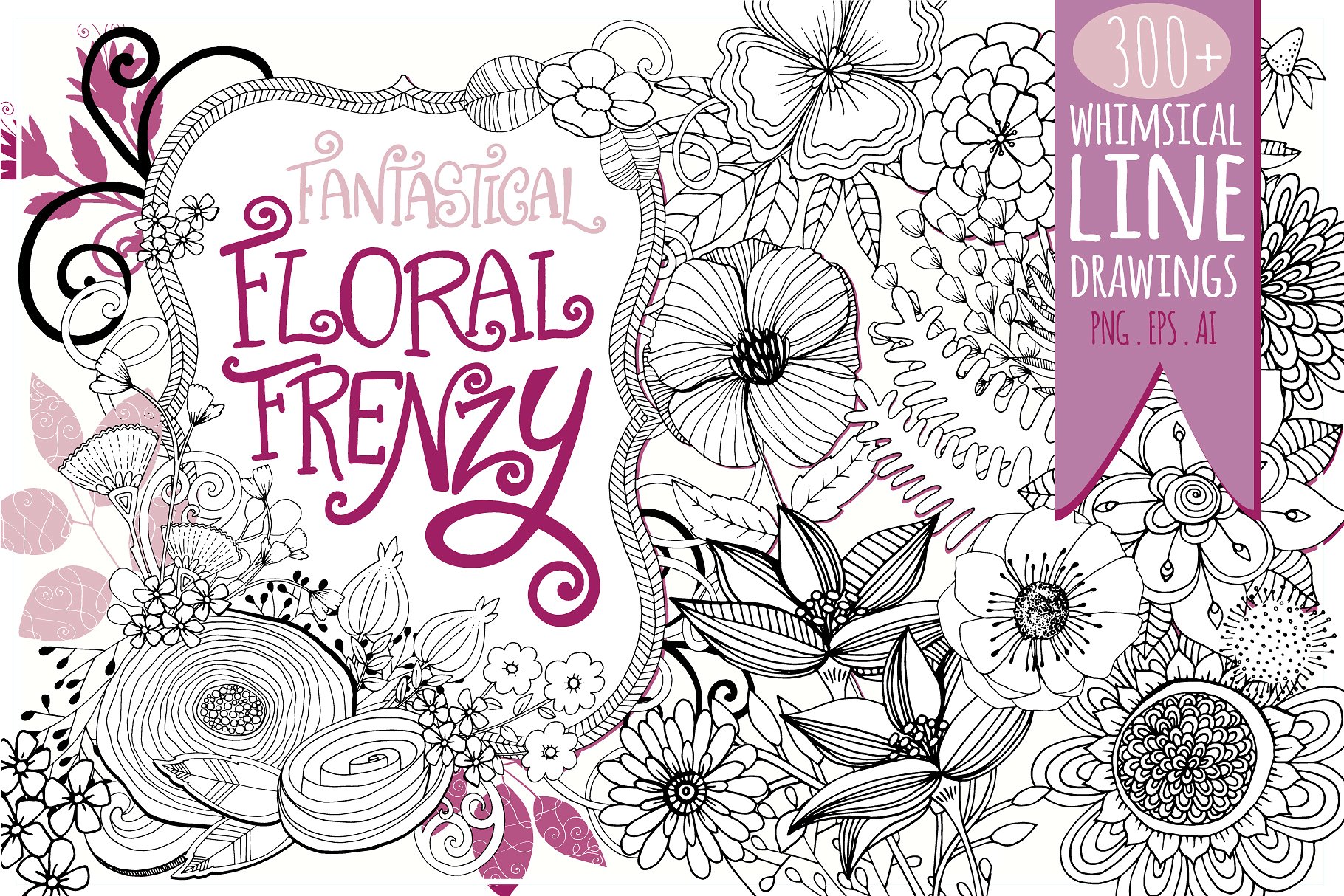花卉艺术线条及花环素材 Flower Line Art & Floral Wreaths插图