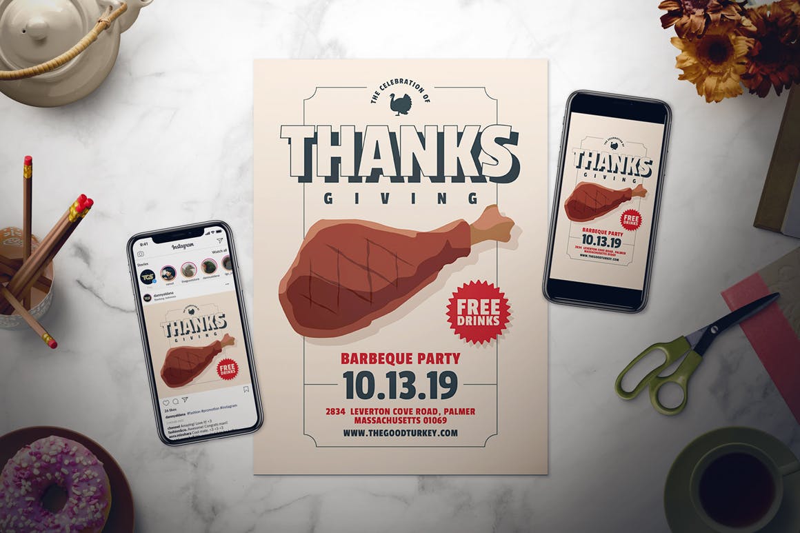 感恩节BBQ烧烤活动海报传单设计模板 Thanksgiving Flyer Set插图(1)