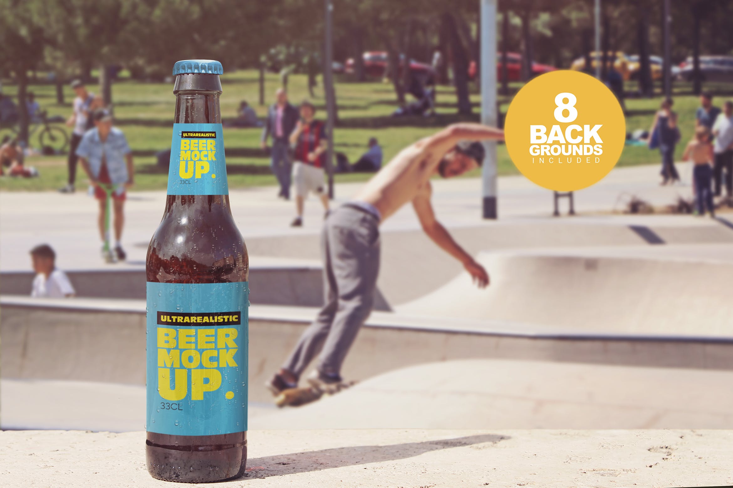 公园背景啤酒瓶设计正视图样机 Front Backgrounds Beer Mockup插图