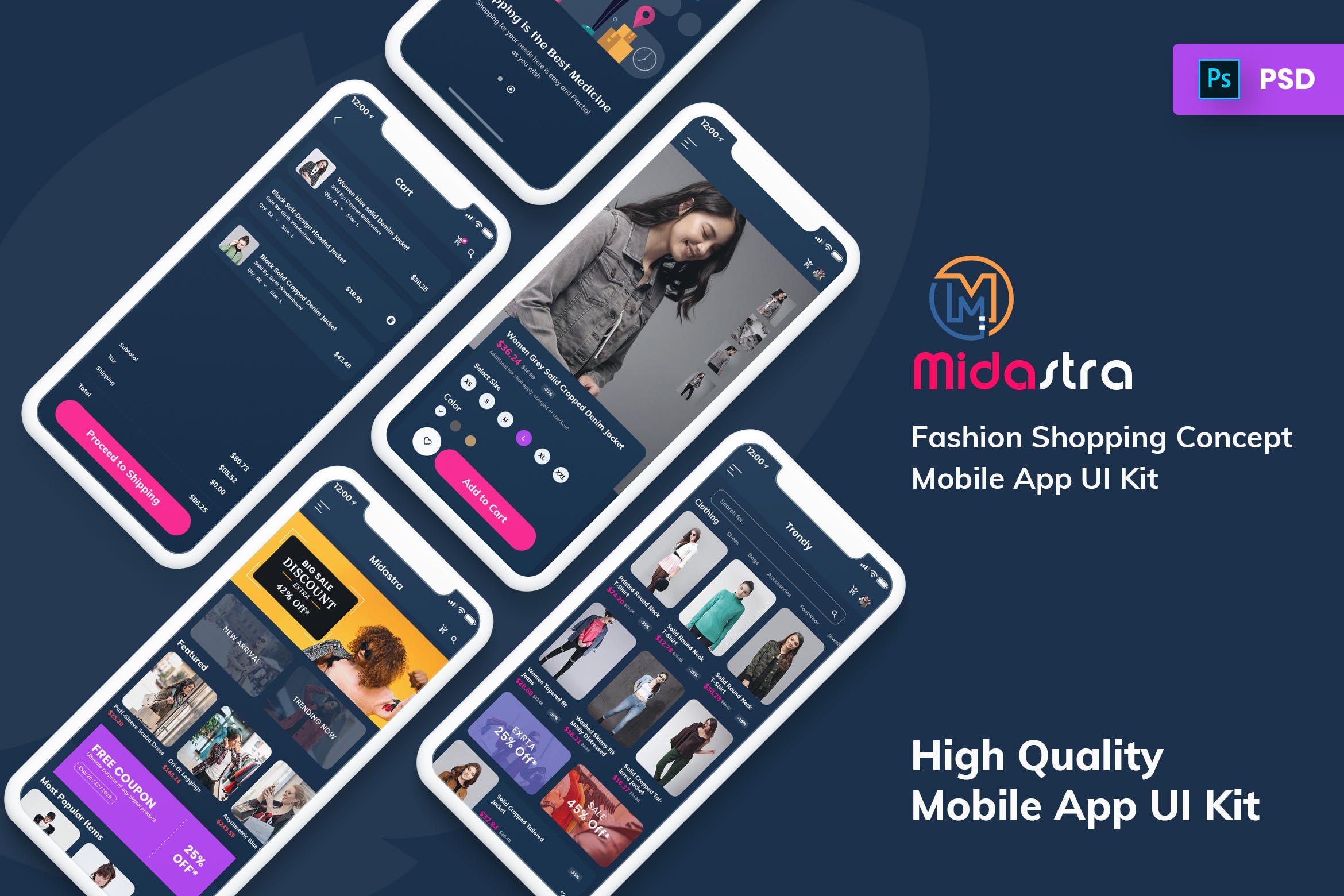 时尚购物APP应用UI设计套件 Midastra-Fashion Shopping Mobile App UI kit Dark插图