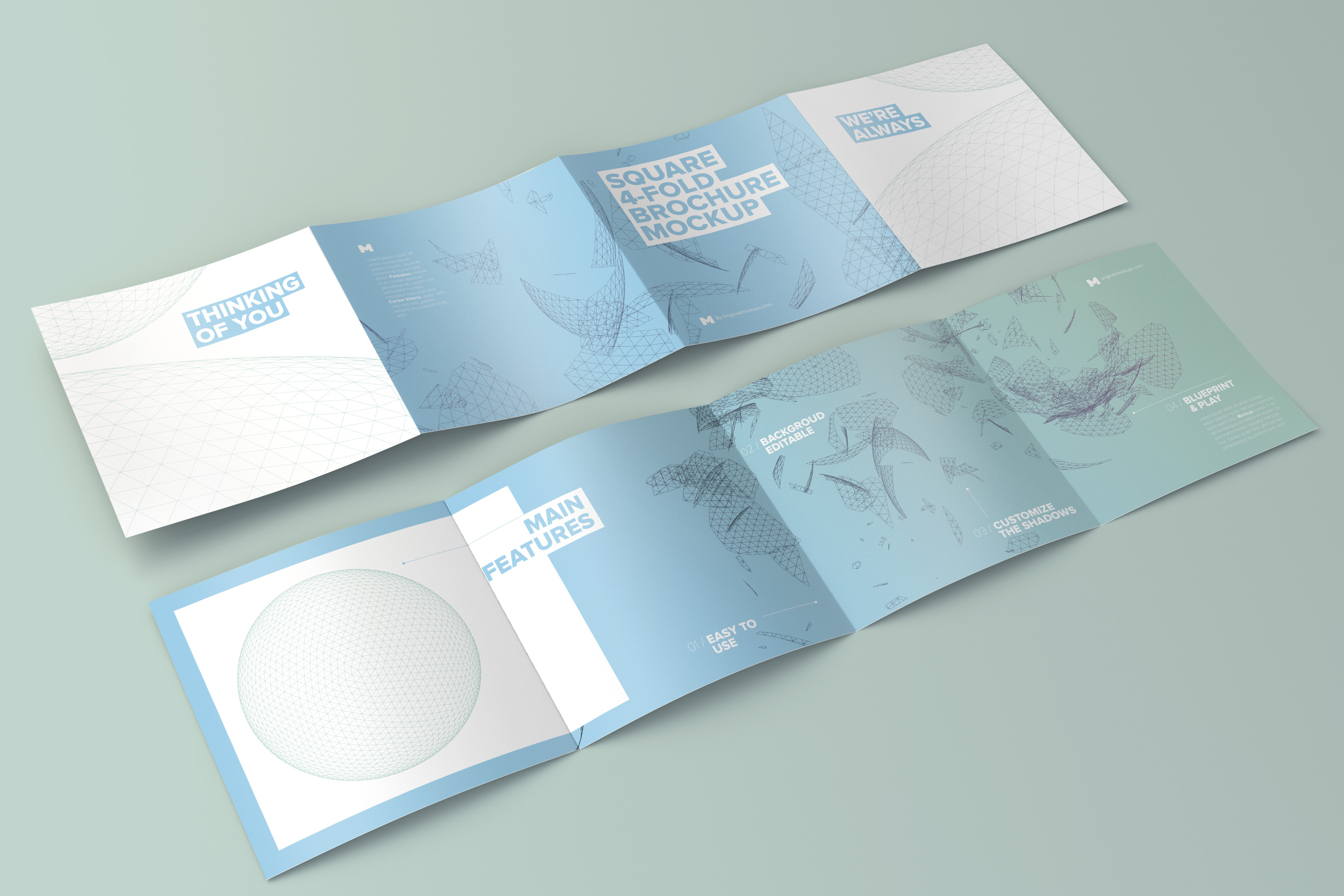 方形四折页设计传单内页＆封面展开图样机模板01 Spread Square 4-Fold Brochure Outside and Inside Mockup 01插图1