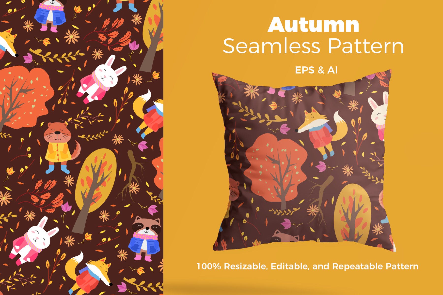 秋季动物手绘图案纹样背景素材 Autumn Animasl Pattern插图