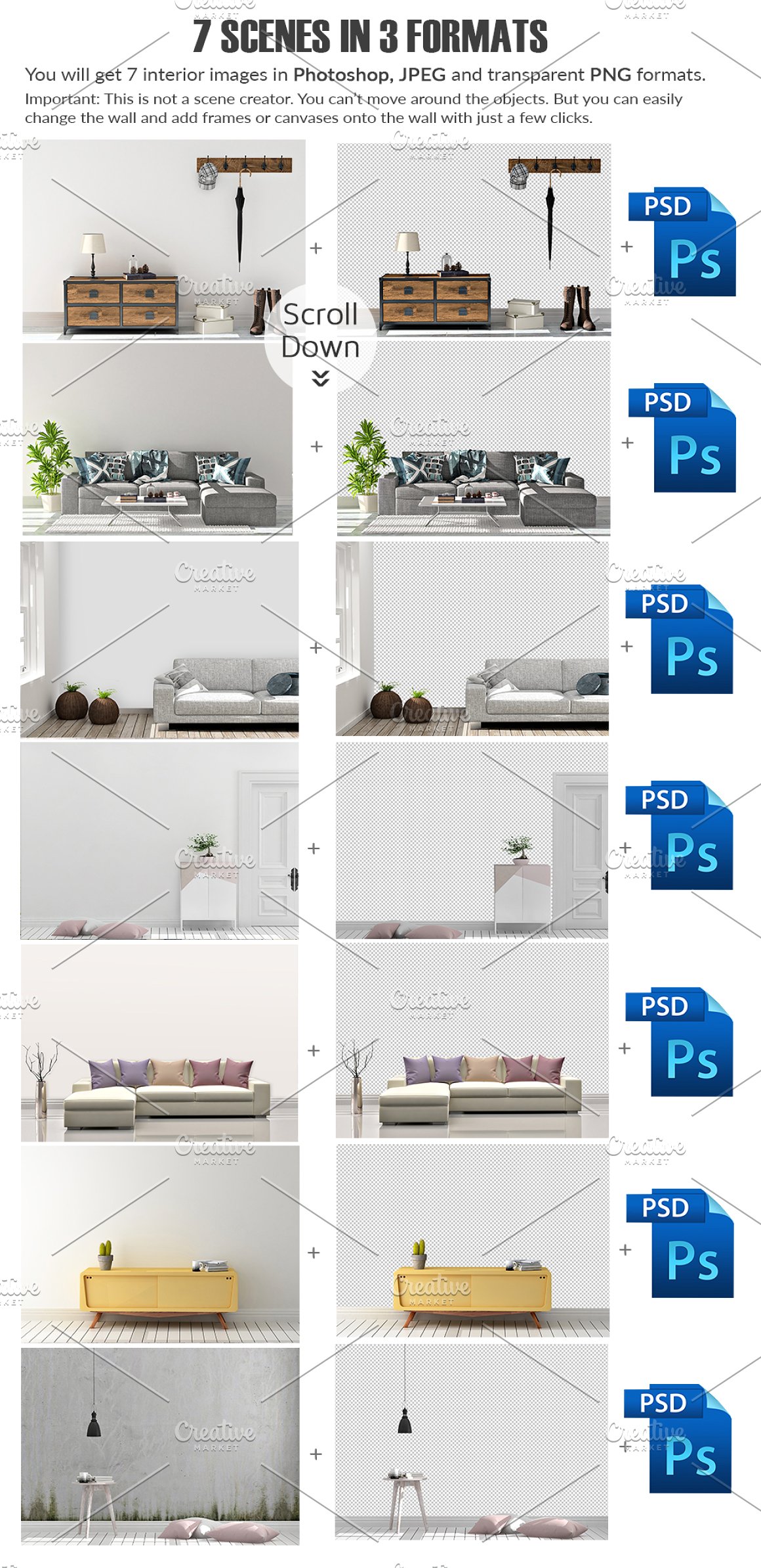 第一素材下午茶：各种各样的室内场景装饰画展示画框模型下载[PSD]