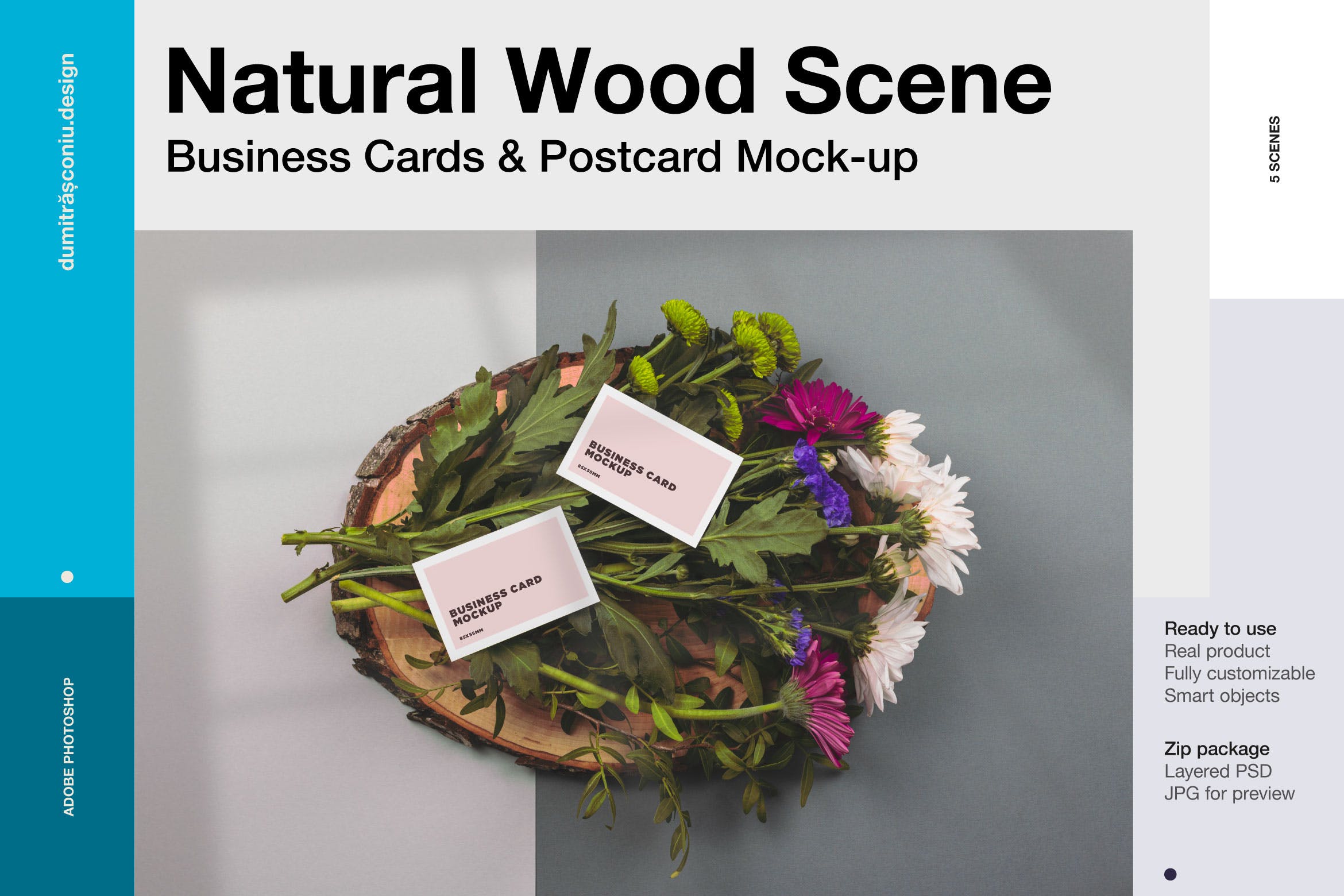鲜花背景名片和明信片设计效果样机模板 Natural Scene – Business cards & postcard mockup插图