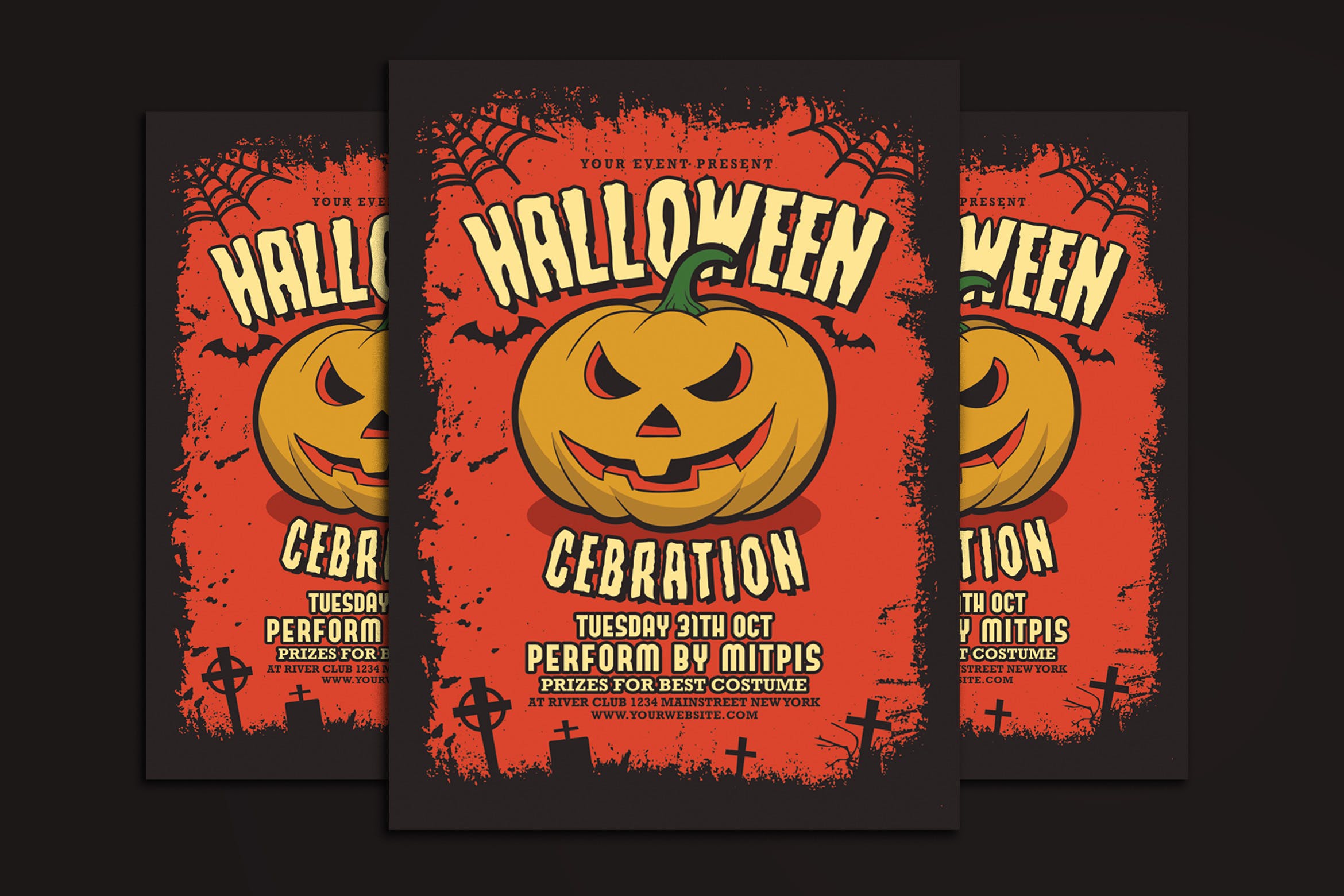 万圣节庆祝活动恶魔南瓜海报传单设计模板 Halloween Party Celebration插图
