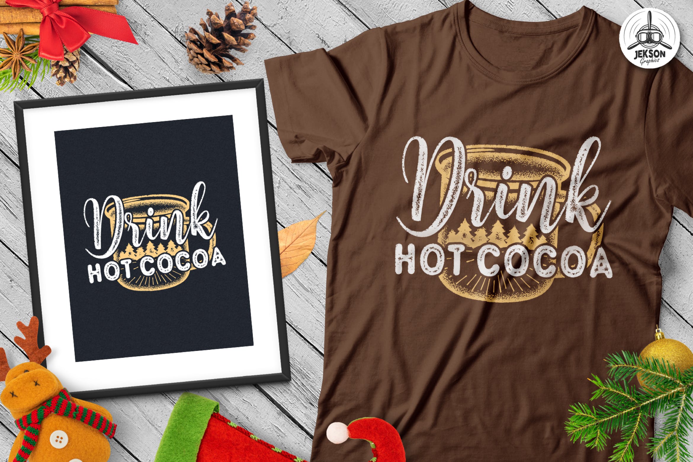热可可饮料矢量插画圣诞节主题T恤印花设计模板 Drink Hot Cocoa Christmas Vector T-Shirt SVG, Tee插图
