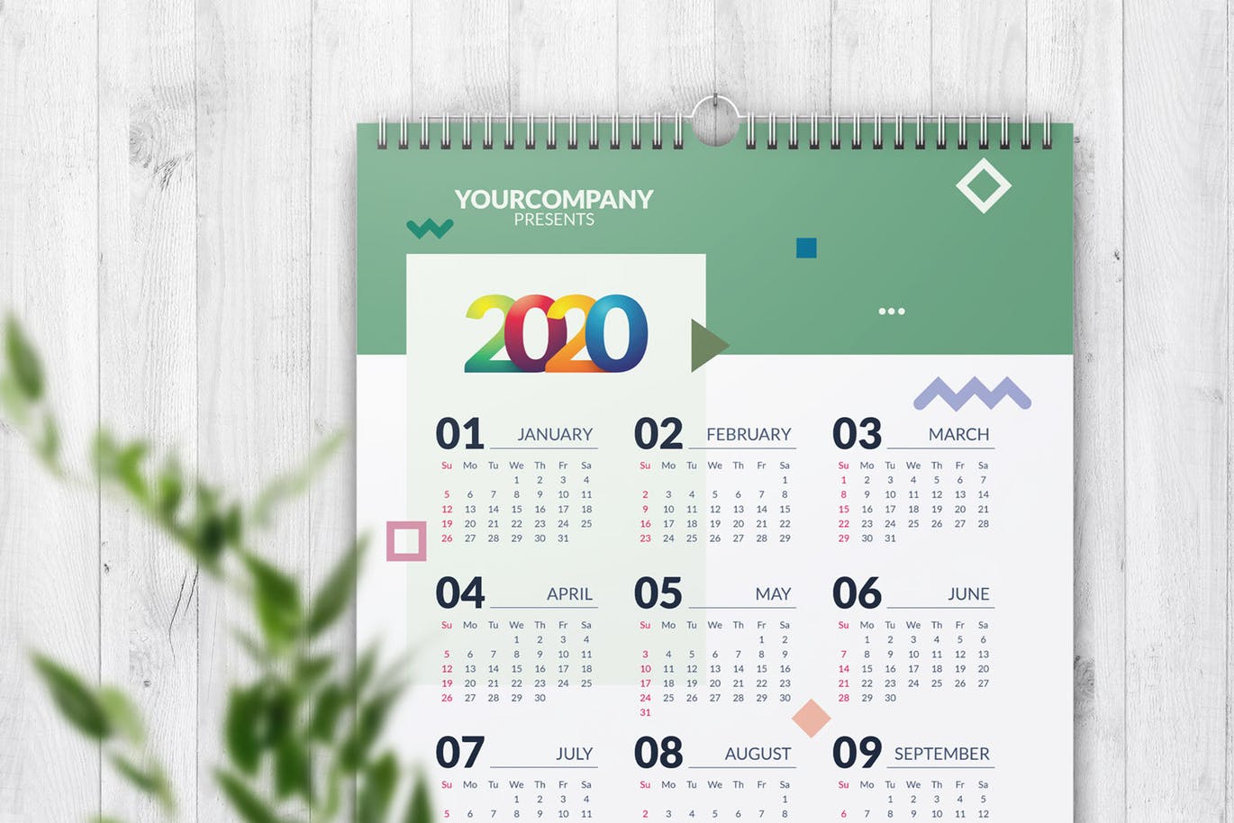 2020年简约设计风格年历表日历设计模板 Calendar插图(1)