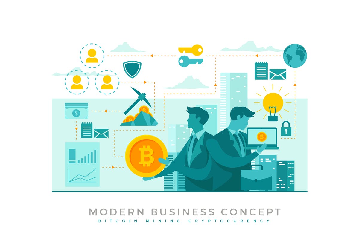 比特币挖矿主题概念插画免费素材 Bitcoin Mining Modern Business Concept插图