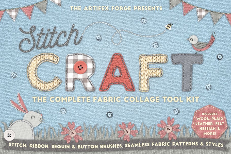缝制手作工艺图案设计素材合集[2.32GB, 纹理/图层样式/笔刷] Stitch Craft – Brushes Styles & More插图