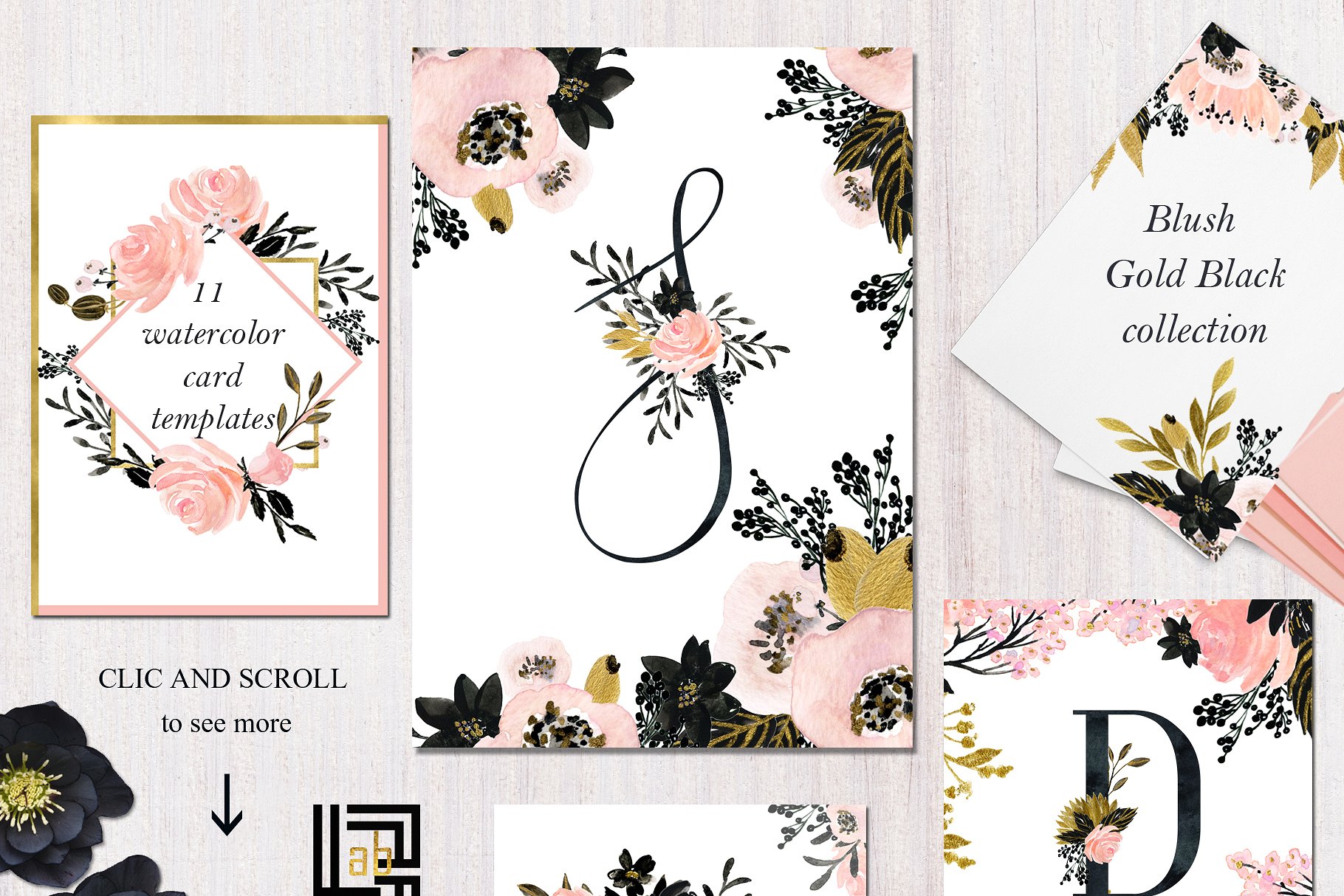 胭脂黑金水彩花卉剪贴画 Blush Gold Black. Floral graphics.插图(3)