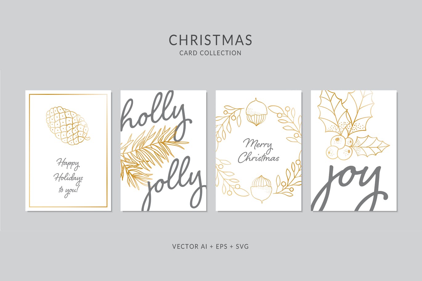 简笔画圣诞节植物手绘圣诞节贺卡设计模板 Christmas Greeting Card Vector Set插图