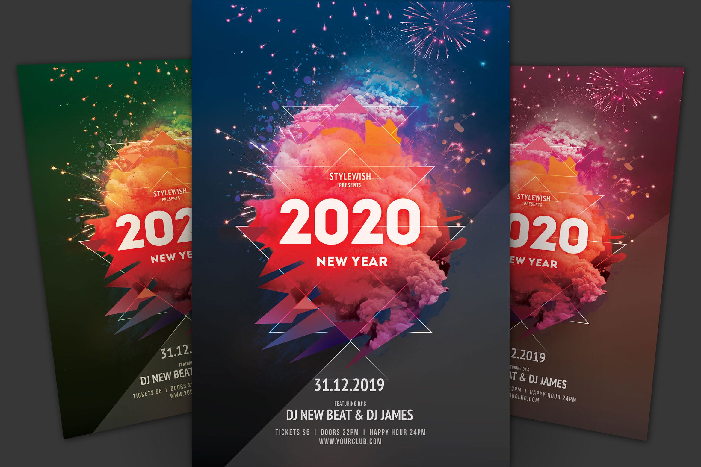 2020新年倒计时梦幻彩烟背景海报传单设计模板 New Year Flyer插图