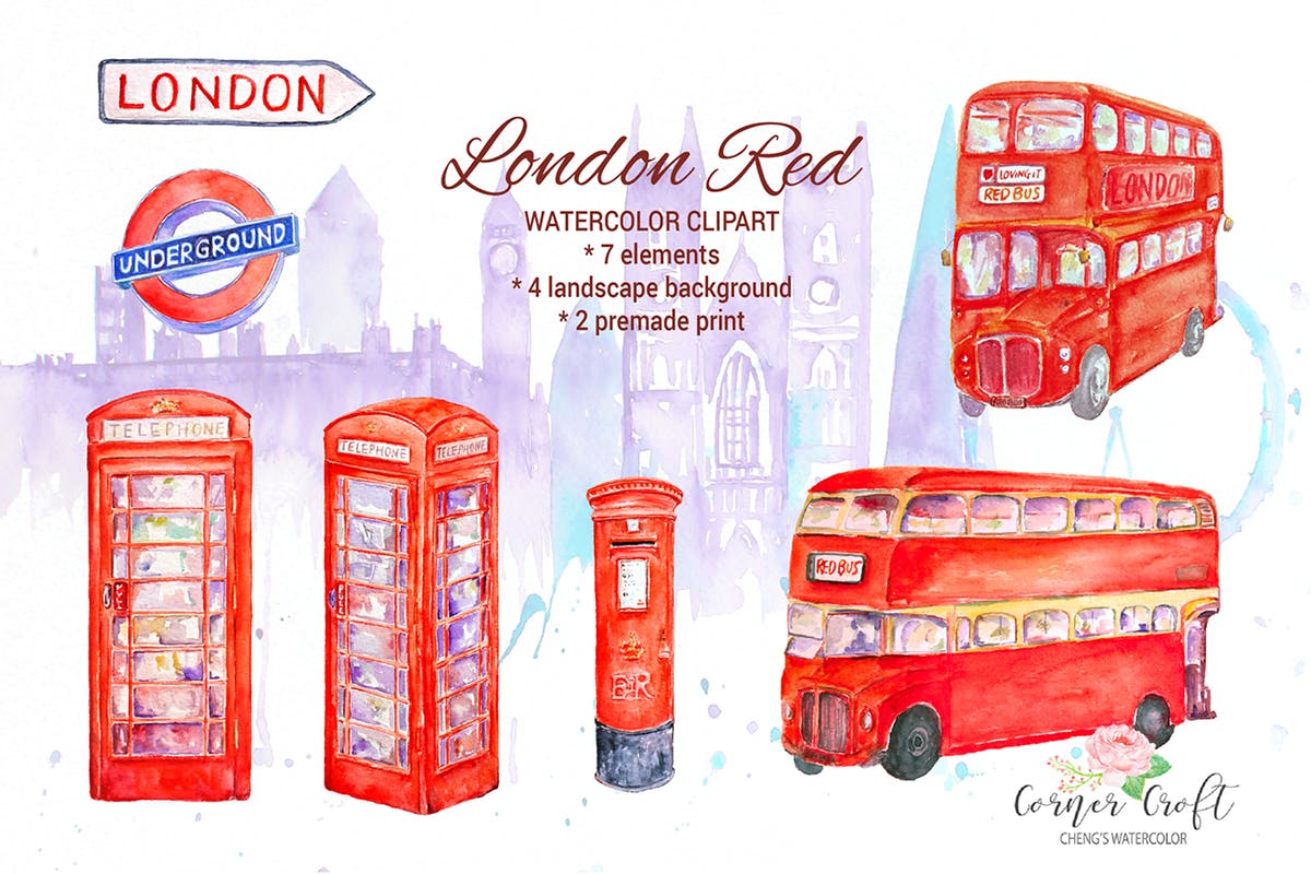 伦敦著名地标红色主题水彩插画 Watercolor London Red插图