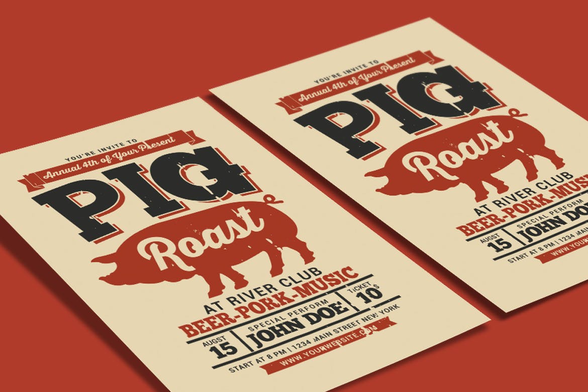 篝火/烧烤晚会活动宣传创意海报传单设计模板 Pig Roast Event Flyer插图(2)