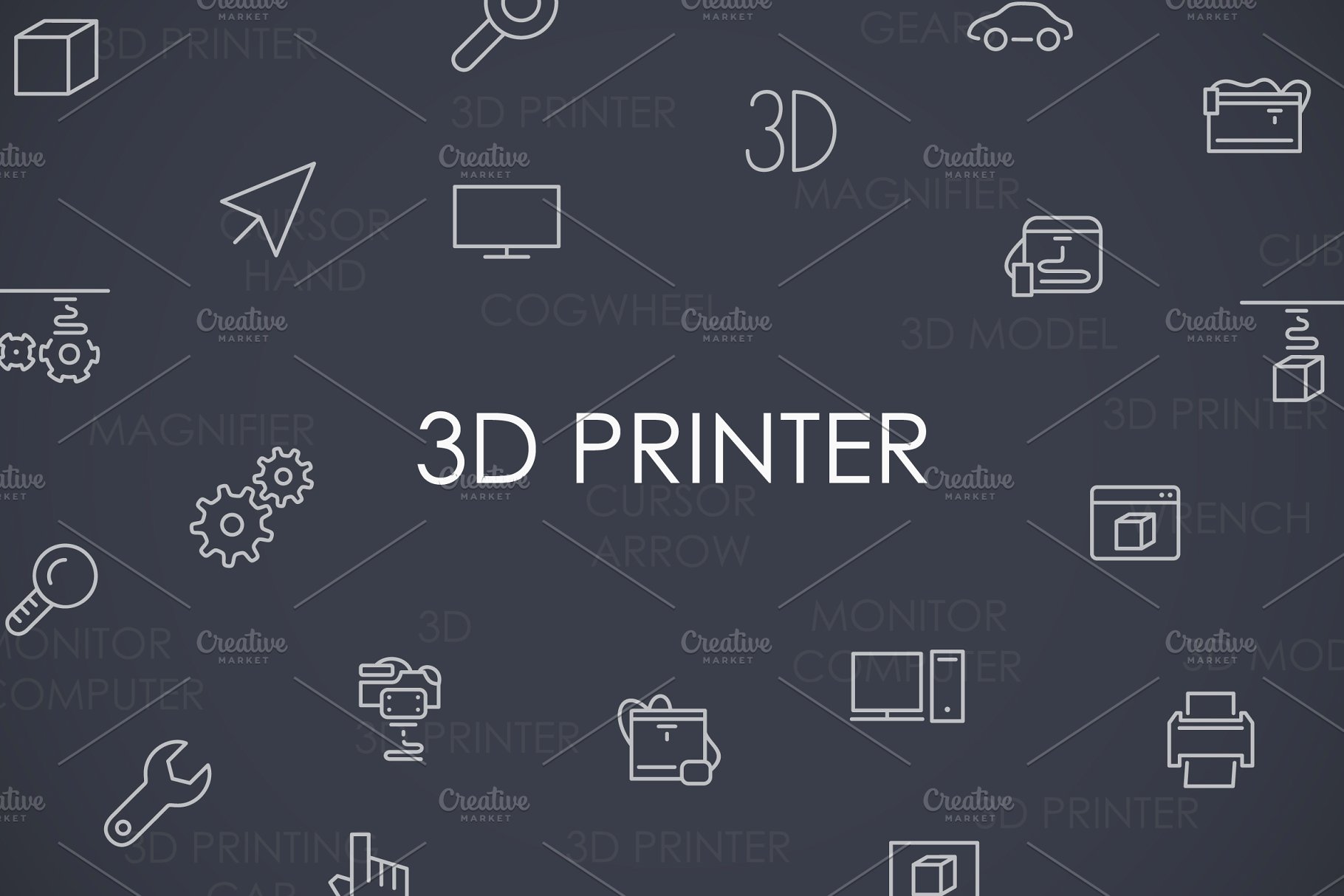 3D白色背景办公维修工具细线图标 3d printer thinline icons插图(1)