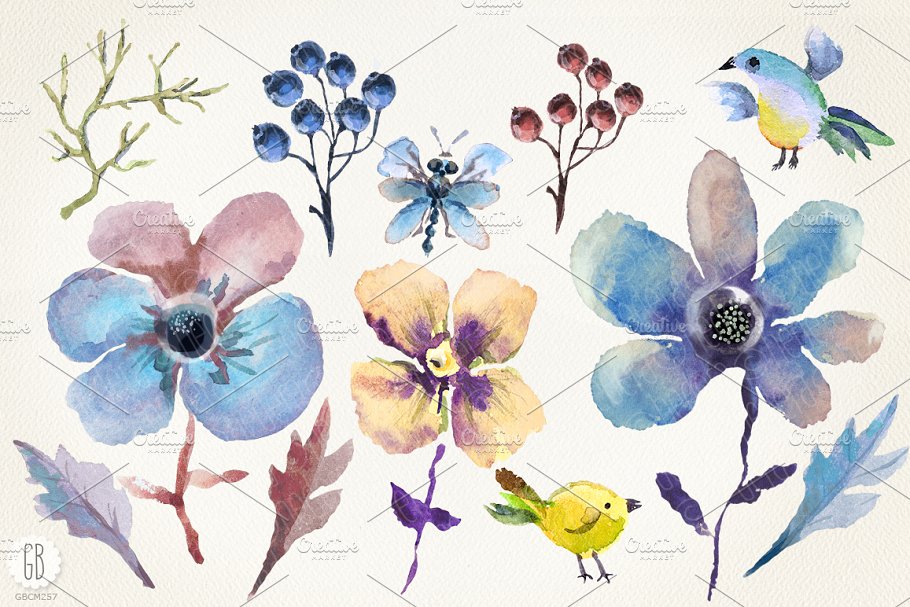 花朵、鸟儿、蝴蝶及乡村背景元素  Aquarelle blue flowers插图(1)