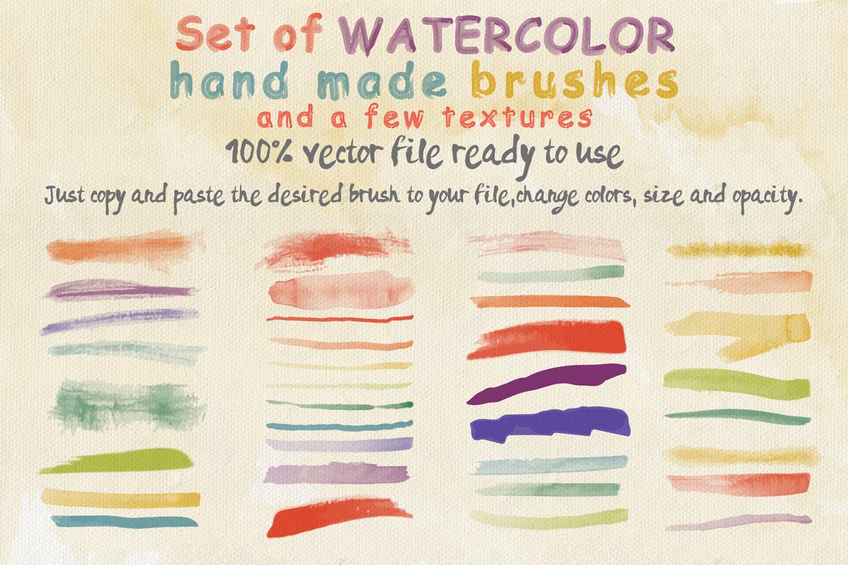 36款水彩画AI画笔笔刷＆水彩质感肌理纹理 Set of Watercolor Brushes and Textures插图