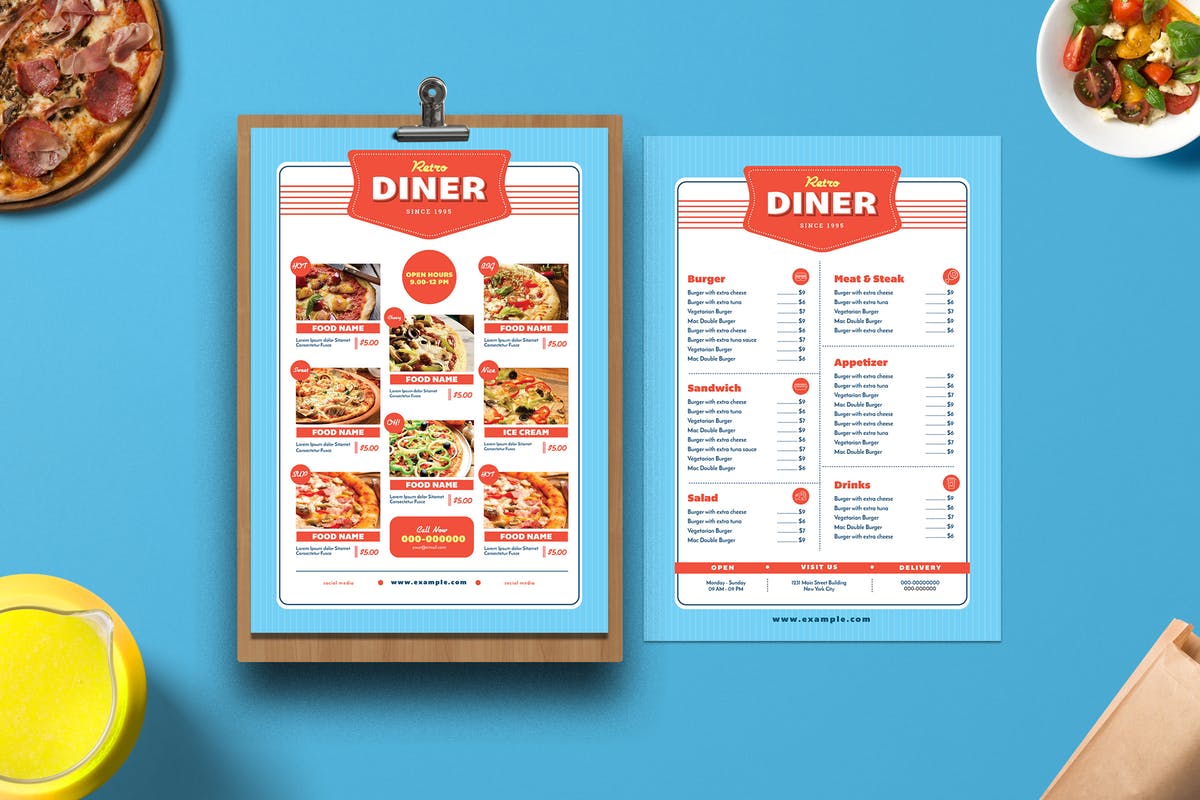 复古披萨店点餐菜单模板 Retro diner Menu插图
