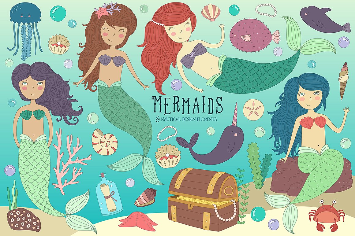美人鱼&海洋生物手绘插画Mermaid & Sea Life Clipart Bundle插图