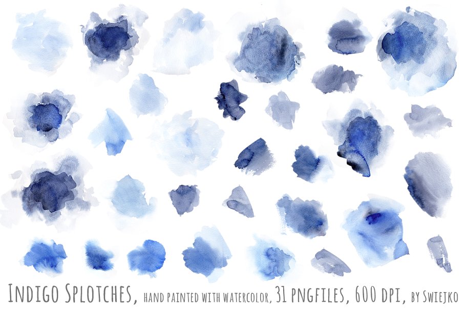 水彩靛蓝斑点剪贴画 Watercolor indigo splotches插图(1)