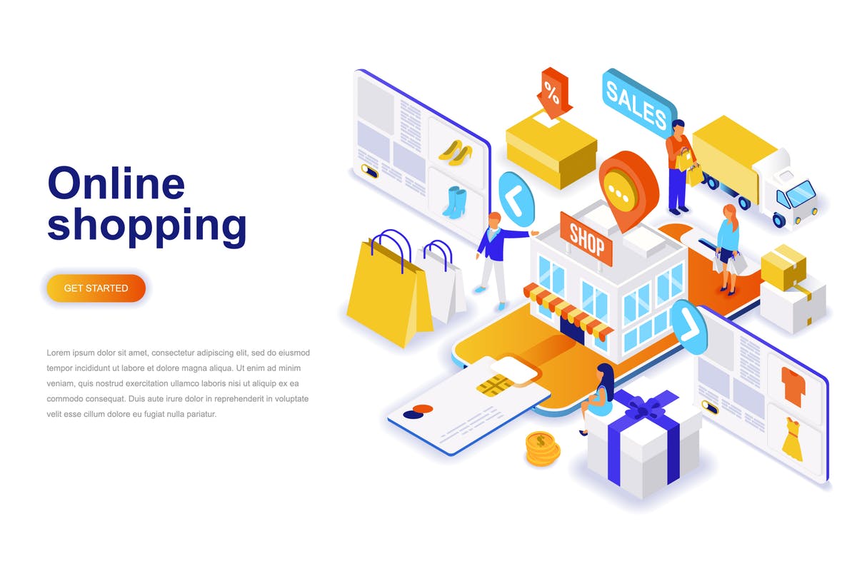 在线购物电子商务等距概念插画 Online Shopping Isometric Concept插图
