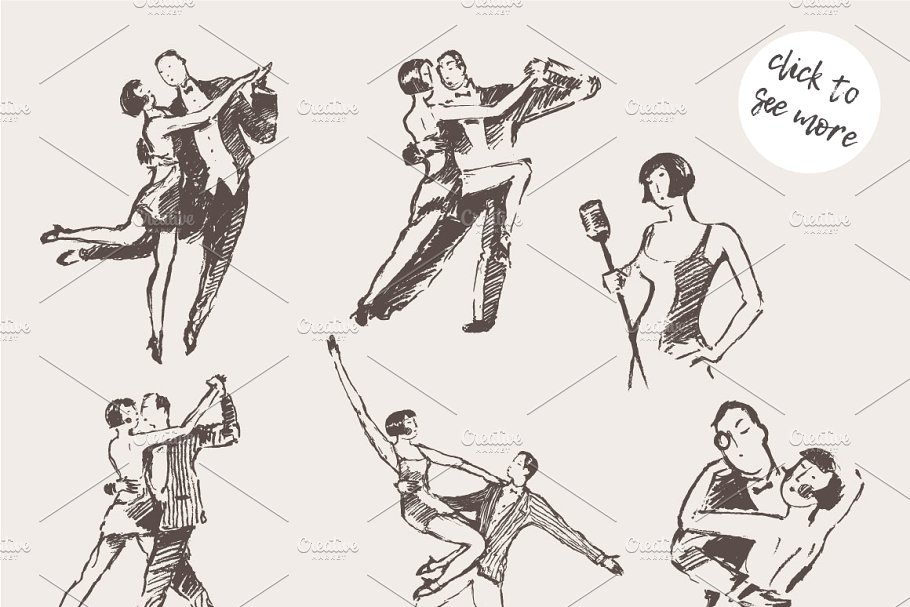 双人舞素描剪贴画 Illustrations of dancing couples插图1