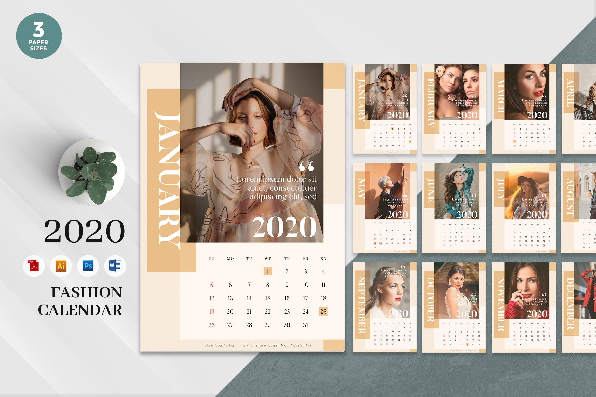 优雅时尚主题2020年日历表设计模板 Elegant Fashion 2020 Calendar – AI, DOC, PSD插图