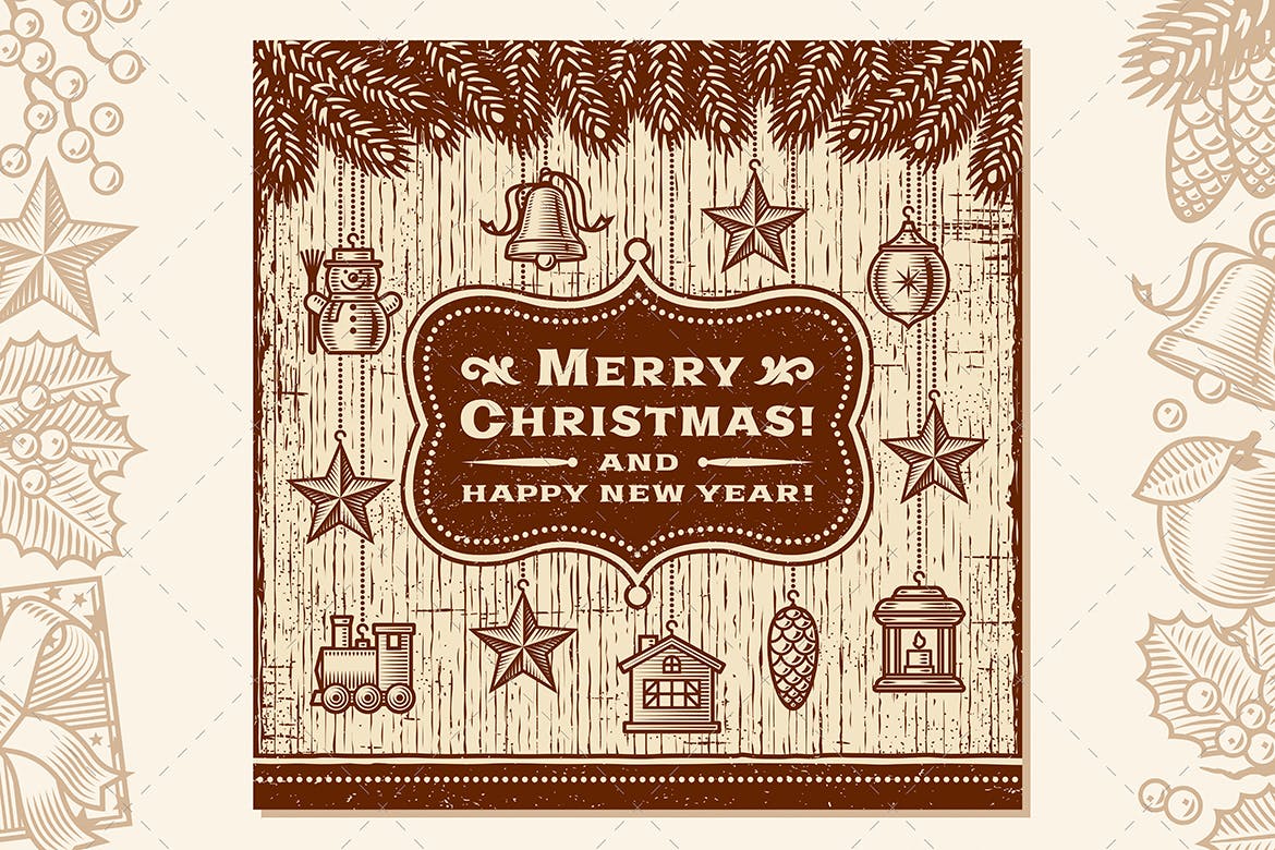 棕色装饰复古设计风格圣诞节贺卡模板 Vintage Christmas Card With Decorations Brown插图