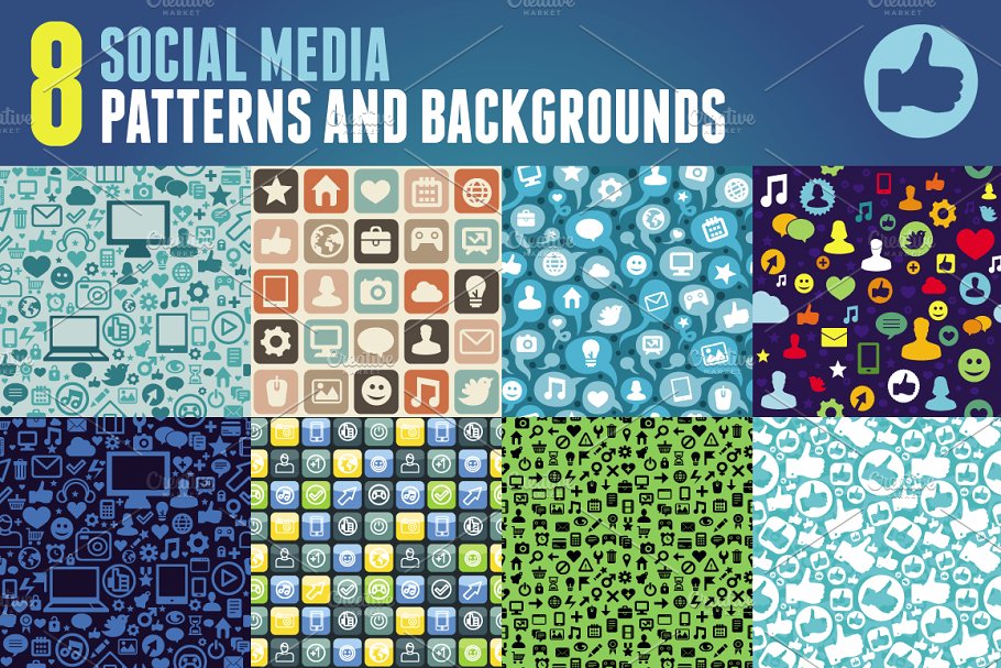 8款社交媒体图标图案背景纹理 8 patterns with social media icons插图