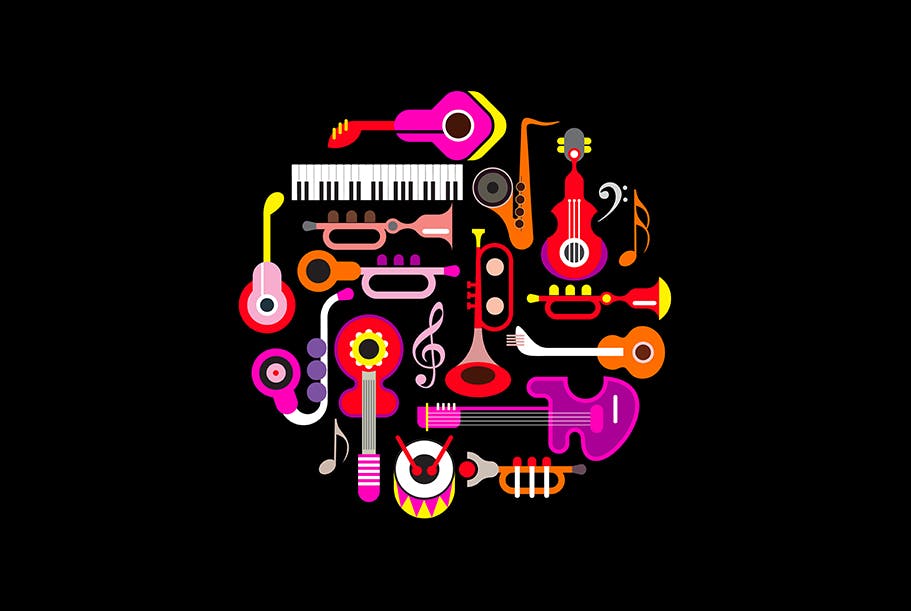 霓虹设计风格音乐乐器主题圆形矢量插画 Musical Instruments Neon round shape vector design插图3