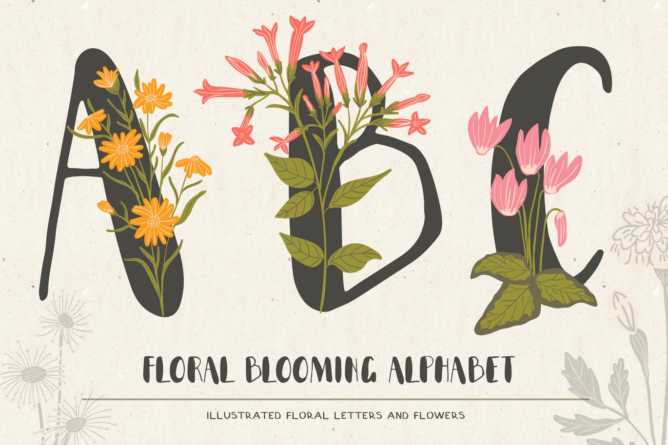 植物花卉装饰英文字母手绘素材 Floral Illustrated Alphabet插图