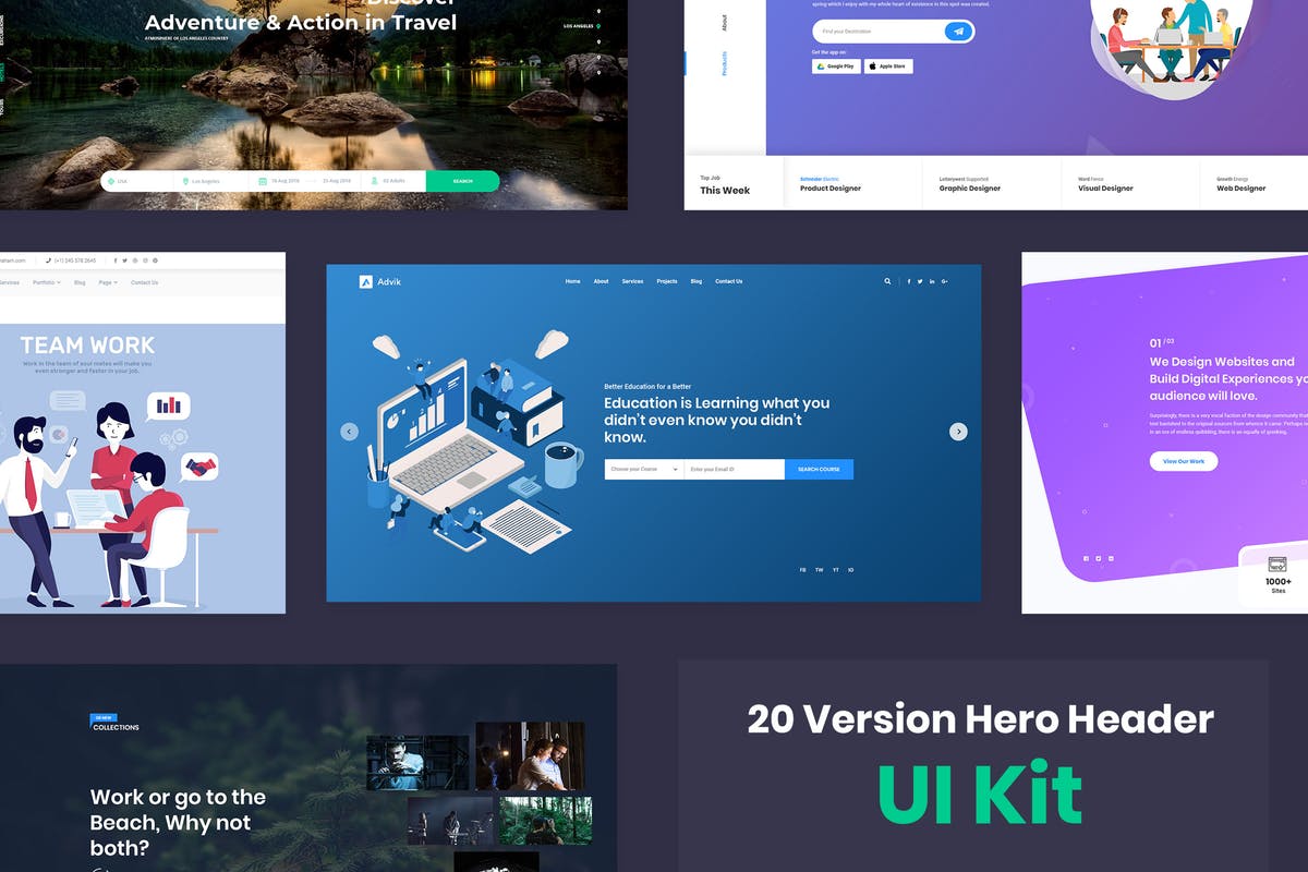 20套超级巨无霸Header网站UI模板 20 Hero Headers for Web UI Kit插图