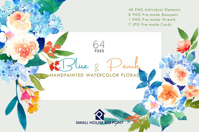 蓝色和桃色-水彩花卉元素套装 Blue & Peach- Watercolor Floral Set插图7