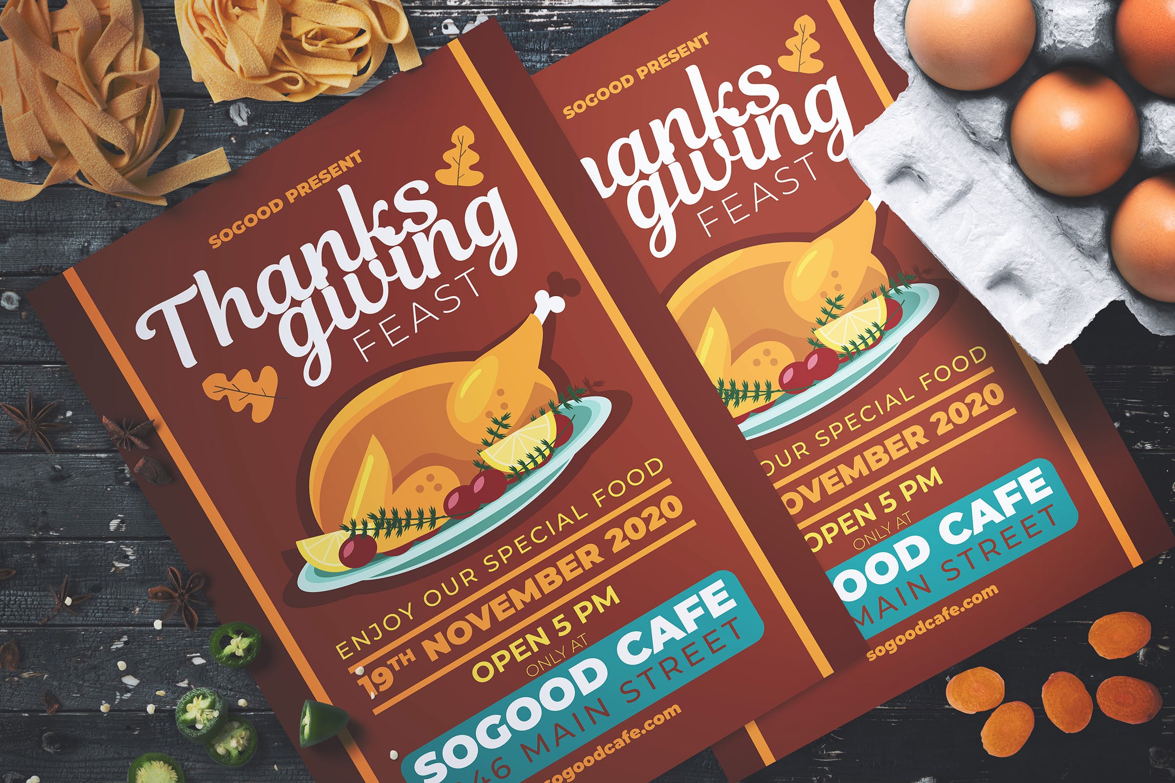 感恩节主题美食活动海报传单设计模板 Thanksgiving Feast Flyer插图