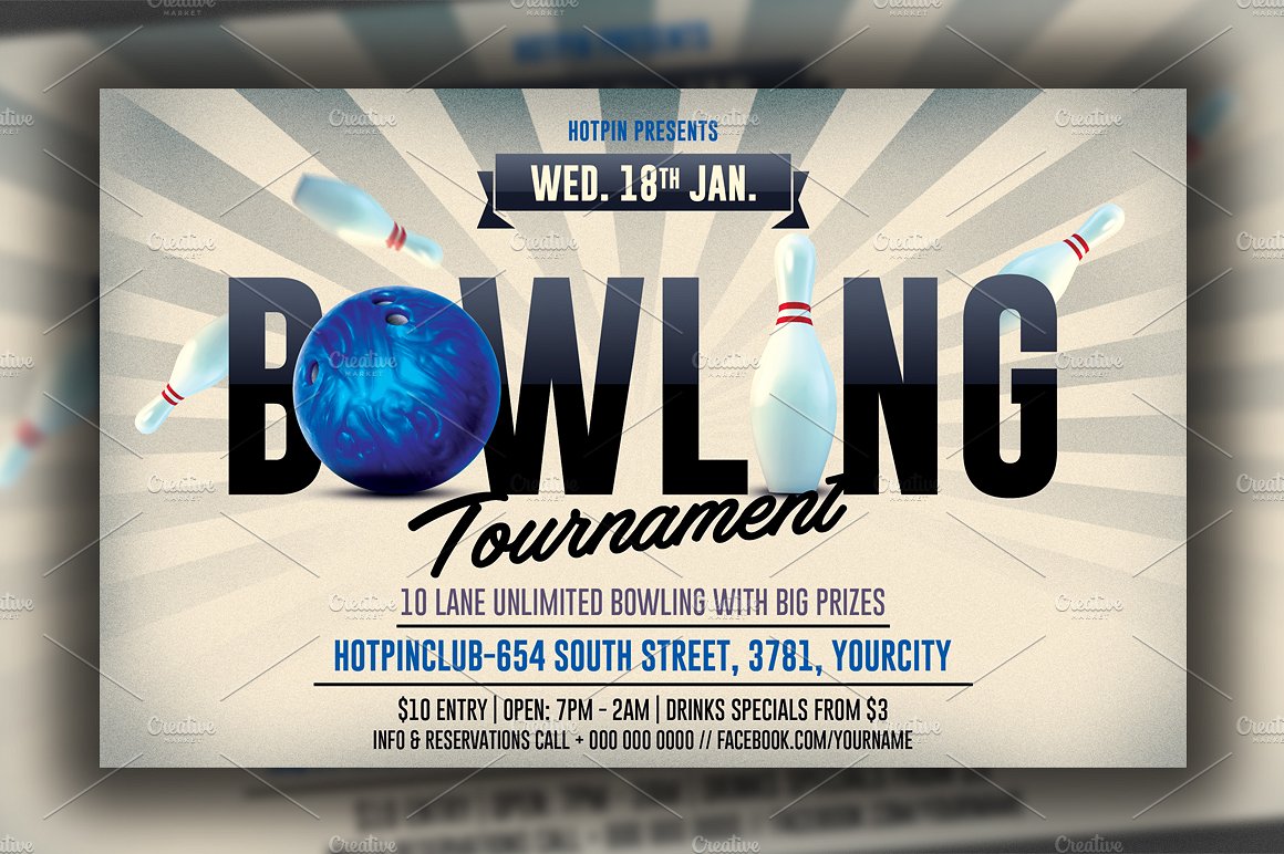 保龄球俱乐部促销活动宣传海报模板 Bowling Night Flyer Template插图(1)