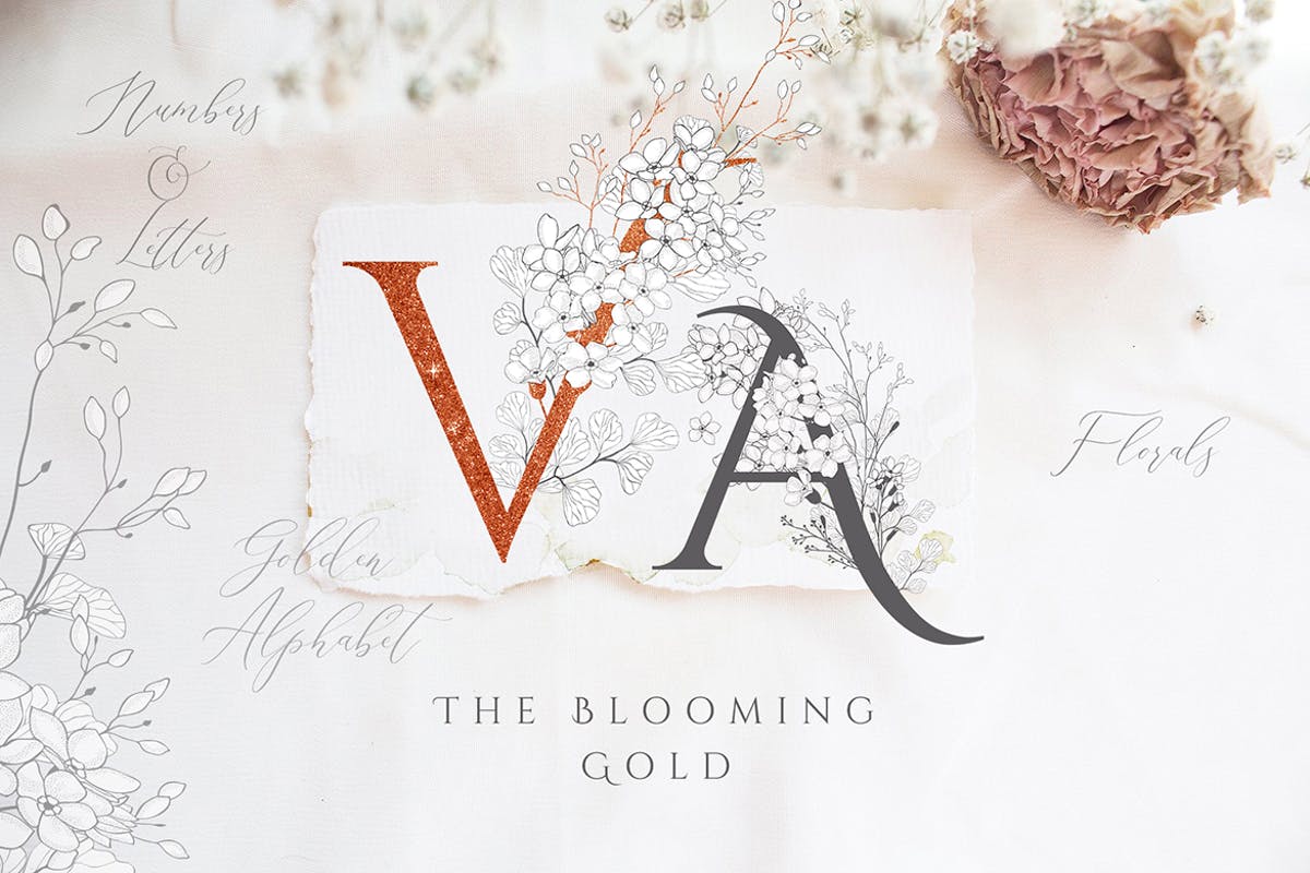 美丽盛开金色花卉字母数字图集 Blooming Gold Floral Letters Numbers插图