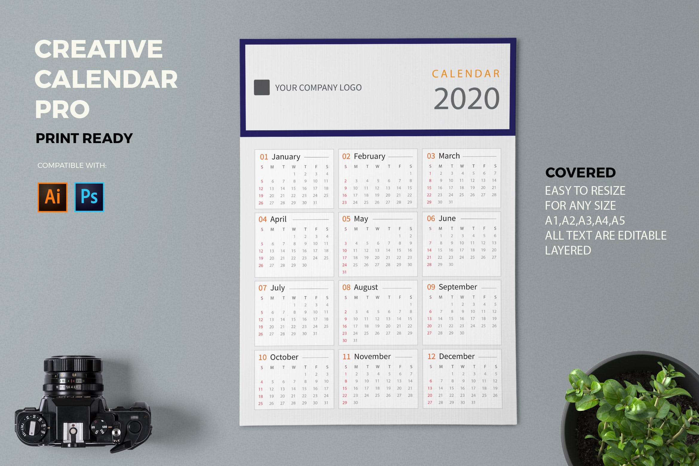 简约设计2020日历表年历设计模板 Creative Calendar Pro 2020插图