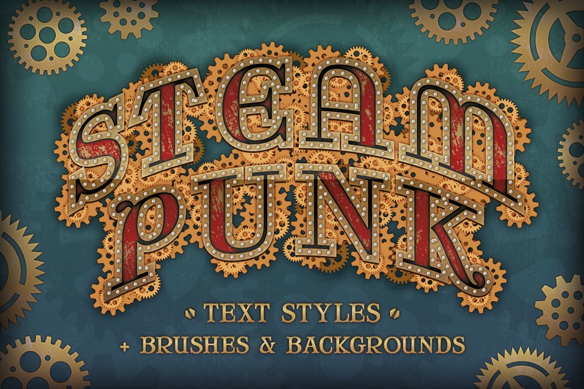 蒸汽朋克艺术风格文本样式、笔刷和背景合集 Steam Punk Text Styles, Brushes and Backgrounds插图