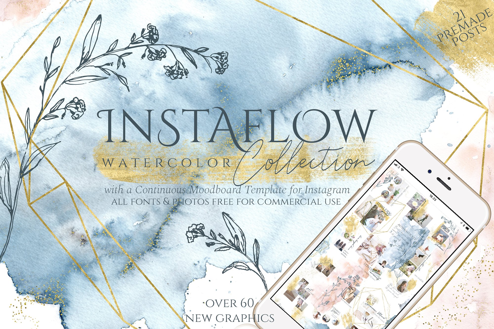优雅风格水彩元素合集 Instaflow Watercolors & Template插图