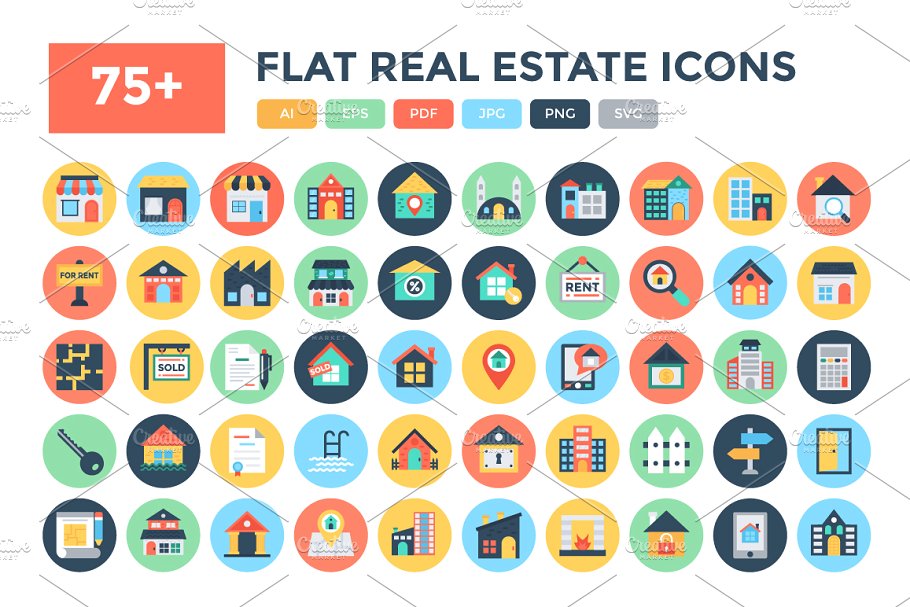 75+扁平化房地产图标 75+ Flat Real Estate Icons插图