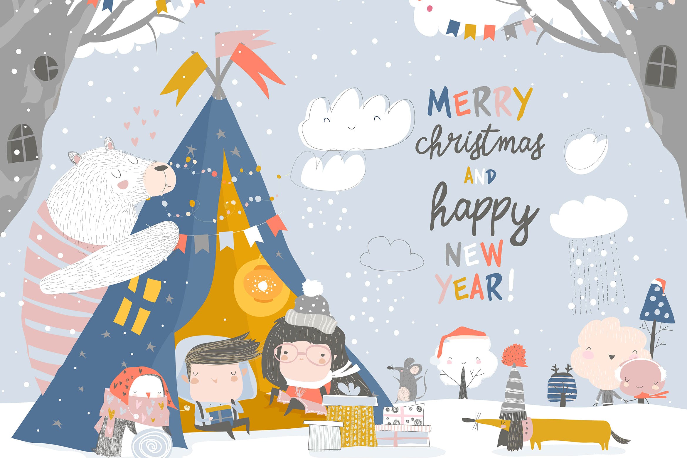 儿童与动物庆祝圣诞节场景矢量手绘插画素材 Kids celebrating Christmas with animals in a teepe插图