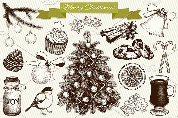 老式水墨手绘圣诞装饰矢量素描插图 Christmas Elements & Patterns插图