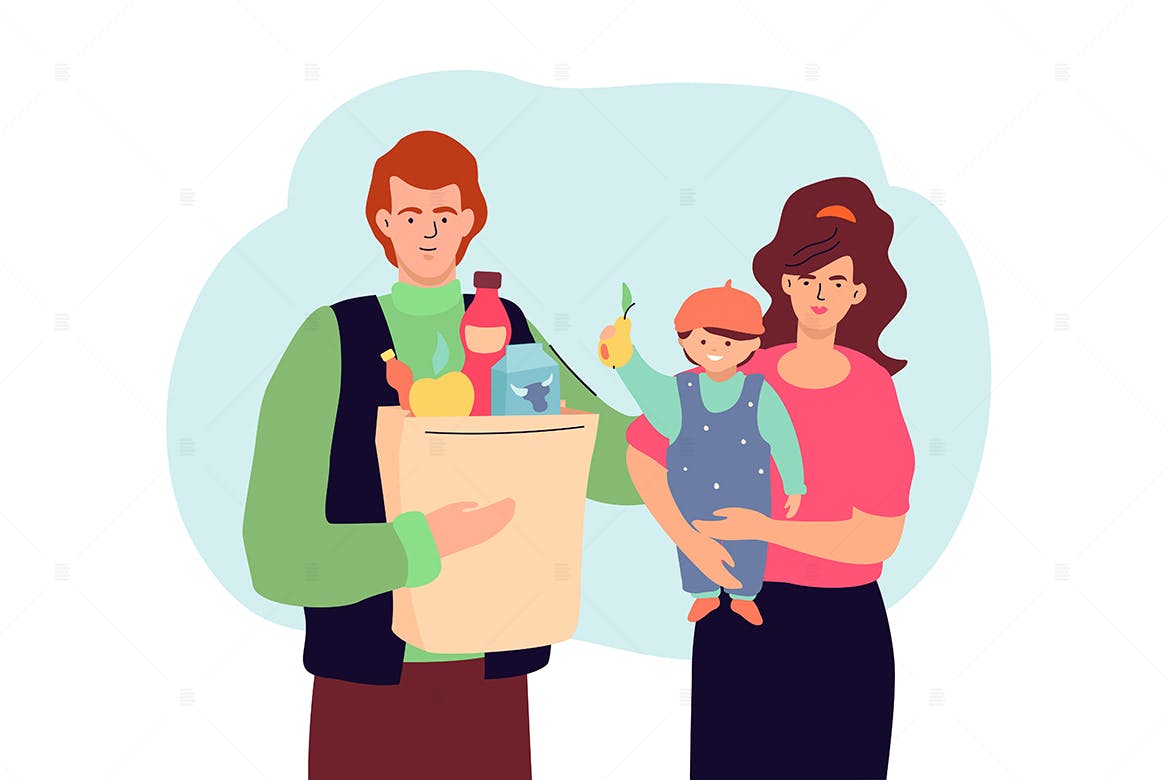 超市家庭购物场景扁平化设计矢量插画 Family shopping – flat design style illustration插图