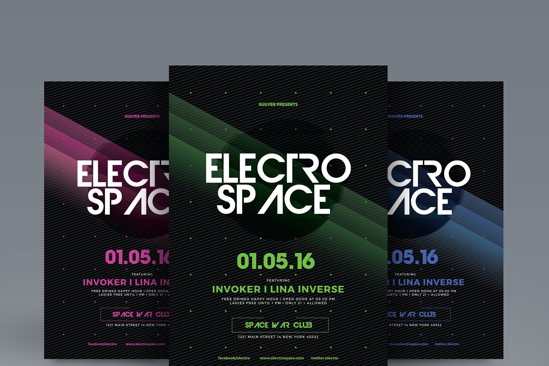 3色企业活动大会宣传海报模板  Electro Space Party插图
