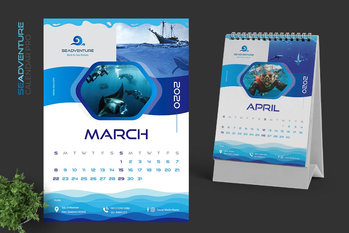 2020年潜水主题翻页台历设计模板 2020 Sea Activities Calendar Pro插图(2)