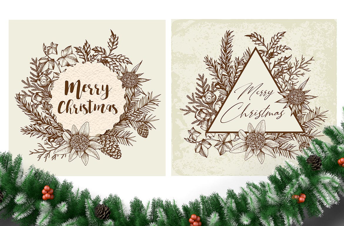 圣诞主题复古设计风格素材包[元素/背景/无缝纹理] Merry Christmas Vintage Design Kit插图(6)